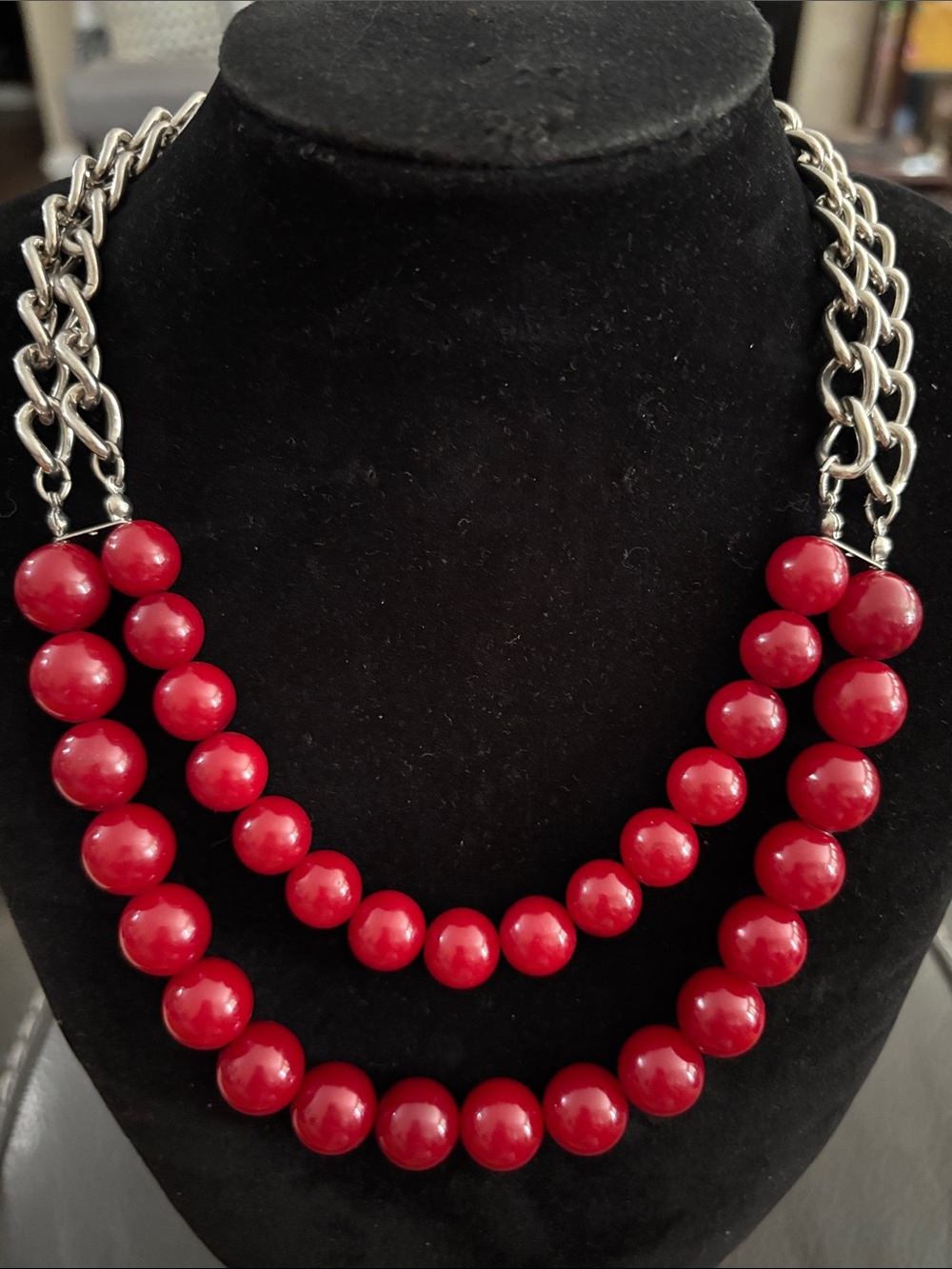 Red Double-Strand Beaded Necklace with Silver Chain